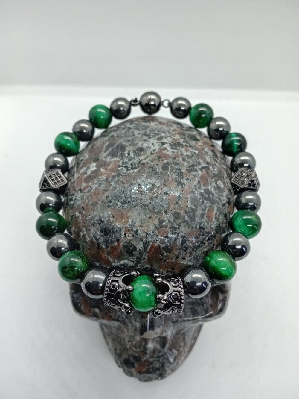 Gemstone Men's Emerald King Green Tiger's Eye Hematite Pave Magnetic Clasp